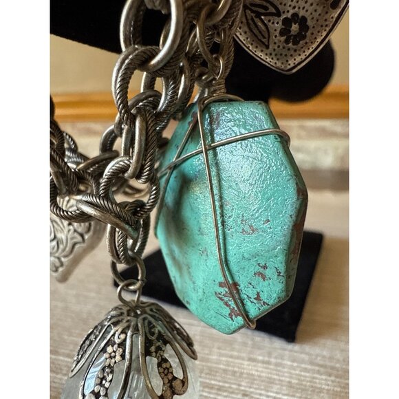 Boho Silver Tone Charm Bracelet Hearts Turquoise Glass Beads Toggle Statement - Picture 5 of 16